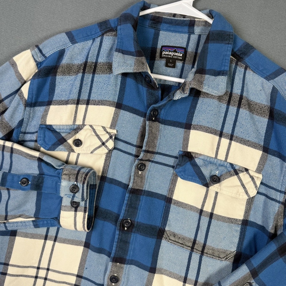 Patagonia Mens Fjord Flannel Shirt Blue Cream Plaid Organic Cotton L 53947 FA16
